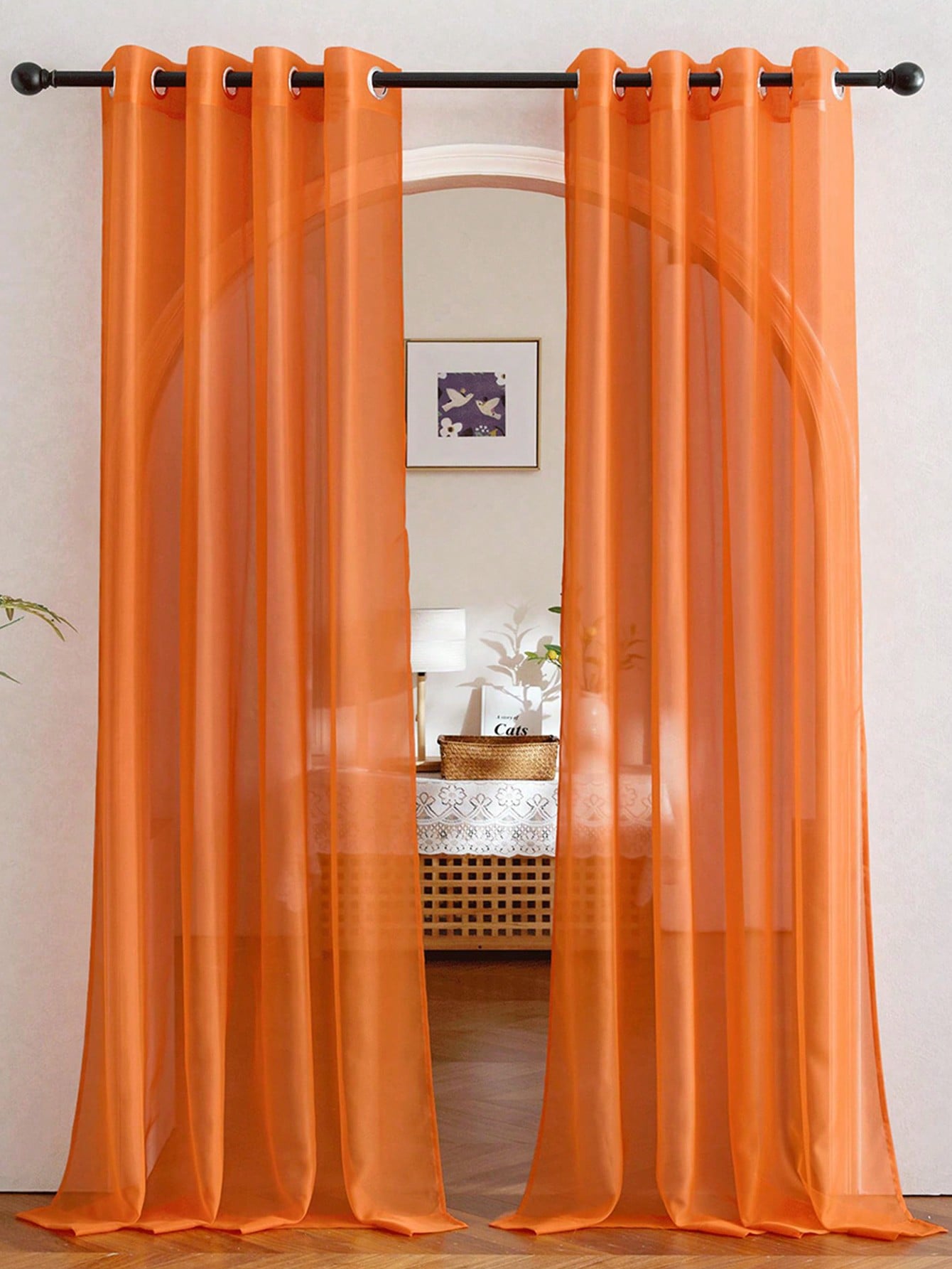 Home Decor Curtain - 1pc Elegant Transparent Orange Organza Half-Sheer
